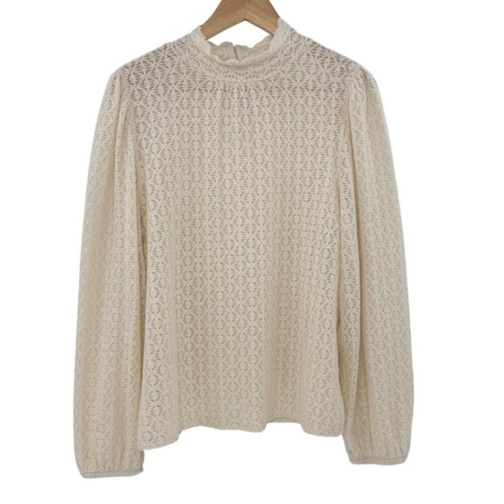 LOFT Mock Neck Lace Blouse Cream Long Sleeve Women's Size L Office